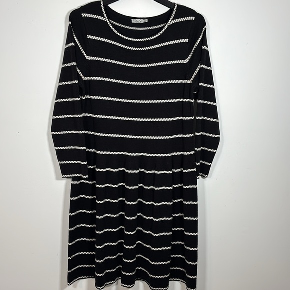 Eliza J Knit Sweater Dress 1XL Midi Black White A Line Long Sleeve Pop Over - Picture 2 of 7